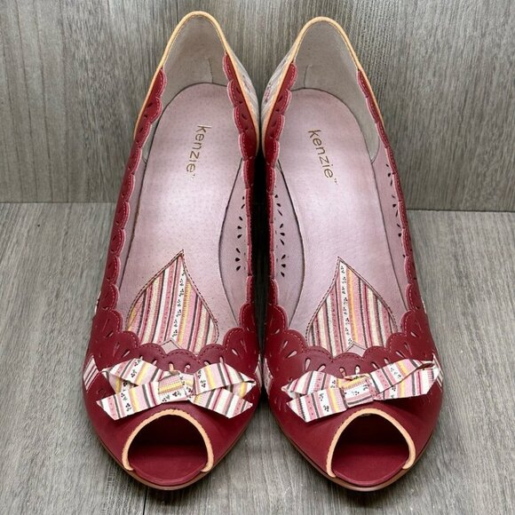 Kenzie Shoes Womens 9M Harvest Laser-Cut Peep Toe High Heel Pumps Leather Red - Picture 5 of 12